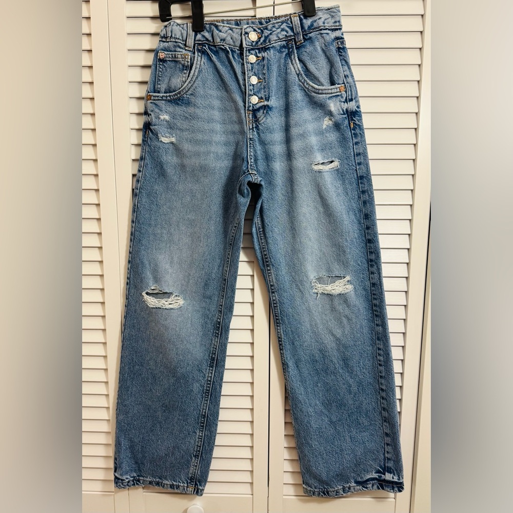 Zara Jeans Kids Size 13-14 Blue Distressed Denim Button Straight Fit Stretch